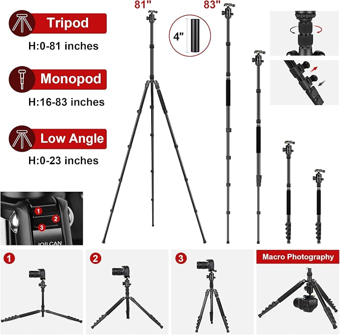 JOILCAN Tripod for Camera, 83 inches DSLR Tripods & Monopods, Heavy Duty Travel - Image 2