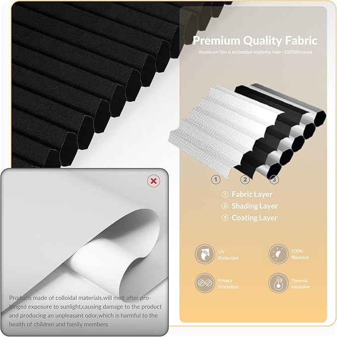 Boolegon No Drill Motorized Cellular Blinds with Remote Motorized Blackout Honeycomb Blinds for Indoor Windows Easy to Install Automatic Cellular Shades for Home,Blackout Black,Custom Size