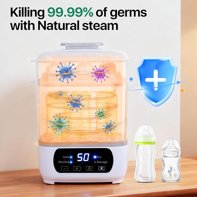 Freebaby Baby Bottle Steamer and Dryer,All-in-One Sterilizer and Dryer for All Baby Bottle,Bottle Sanitizer for Pacifiers&Breast Pump Parts, with LED Screen and Auto-Off