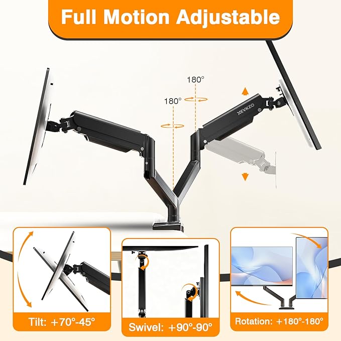 XEVKZO Dual Monitor Arms, Gas Spring Monitor Arms for 2 Monitors up to 34" Curved/Flat, 22lbs per Arm, VESA Mount 75x75 100x100mm, C-Clamp & Grommet Base, Adjustable Tilt/Swivel/Rotation
