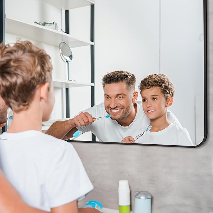Bathroom Mirror, 42x42 inch Black Square Wall Mirror, Rounded Corner Aluminum Metal Frame Vanity Mirror, Large Wall Mounted Mirrors for Over Sink Bedroom Living Room Entryway
