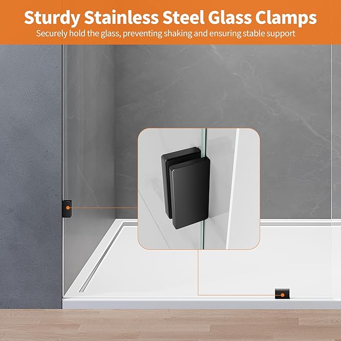 Shower Glass Panel, 34" W x 78.75" H Fixed Shower Screen Panel with 3/8"(10mm) SGCC Ultra Clear Tempered Glass, Frameless Walk in Shower Door with Easy‑Clean Coating (Matte Black, 34" W x 78.75" H)