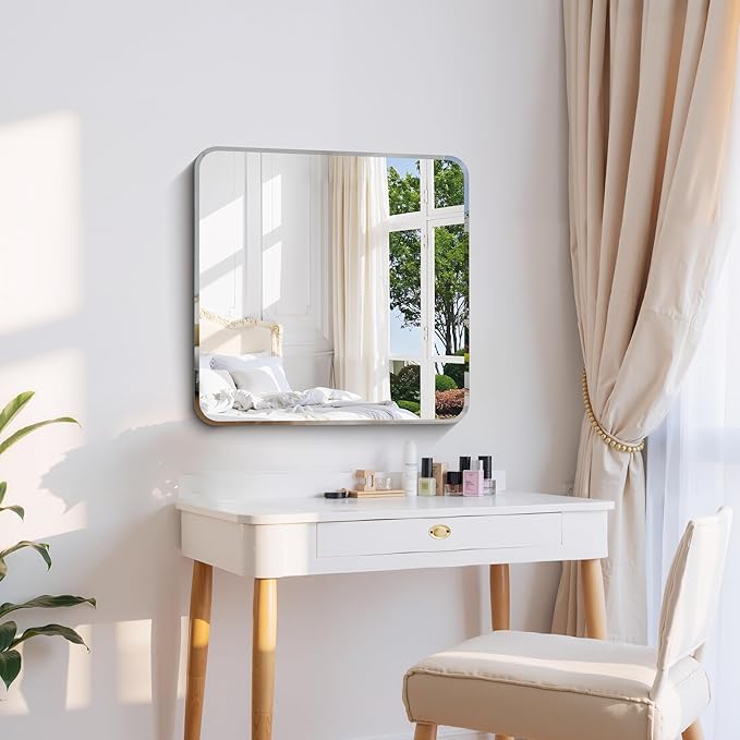 CILIBER Frameless Mirror, 24x24 Beveled Bathroom Mirrors for Over Sink, Square Frameless Wall Mirror Rounded Corner, Shatterproof Tempered Glass Lightweight Design for Bedroom Living Room Entryway