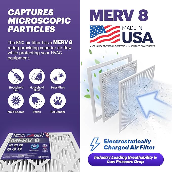 BNX 16x25x1 MERV 8 Air Filter 2 Pack - MADE IN USA - Electrostatic Pleated Air Conditioner HVAC AC Furnace Filters - Removes Dust, Mold, Pollen, Lint