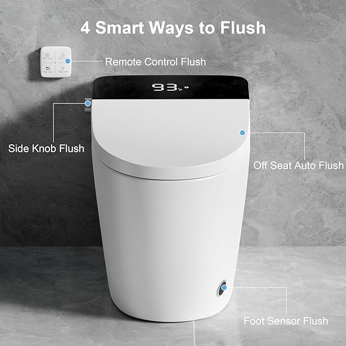 Smart Toilet with Elongated Heated Seat, Auto Flush, Manual Soft-Close Seat & Lid, Night Light, Electric Tankless Toilets with Dual Flush 0.8/1 GPF, MAP 1000g