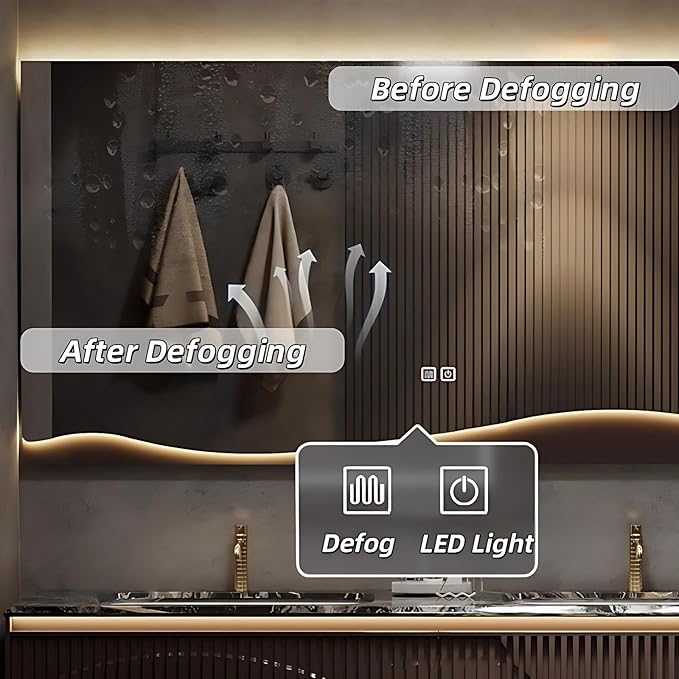 Double Sink Bathroom Vanity - Bathroom Vanities with Tops & Smart Defogging LED Lamp | Innovative Door Panel Design with Concealed Handle, Metal Faucet (Brown, 64IN)