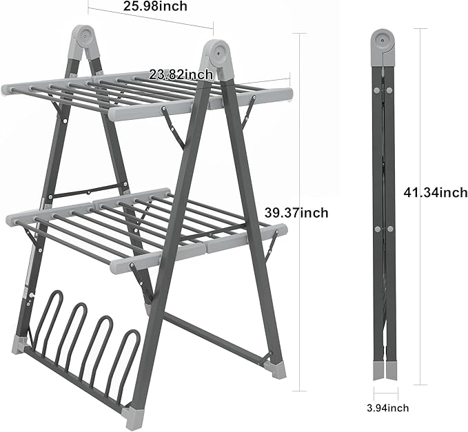 SHARNDY Electric Heated Clothes Drying Rack,Foldable Heated Garment Dryer with Timer Shut-Off Laundry Rack for Clothes Shoes Socks,Aluminum Alloy,Space Gray,Plug & Play,(39.37x25.98x23.82in)