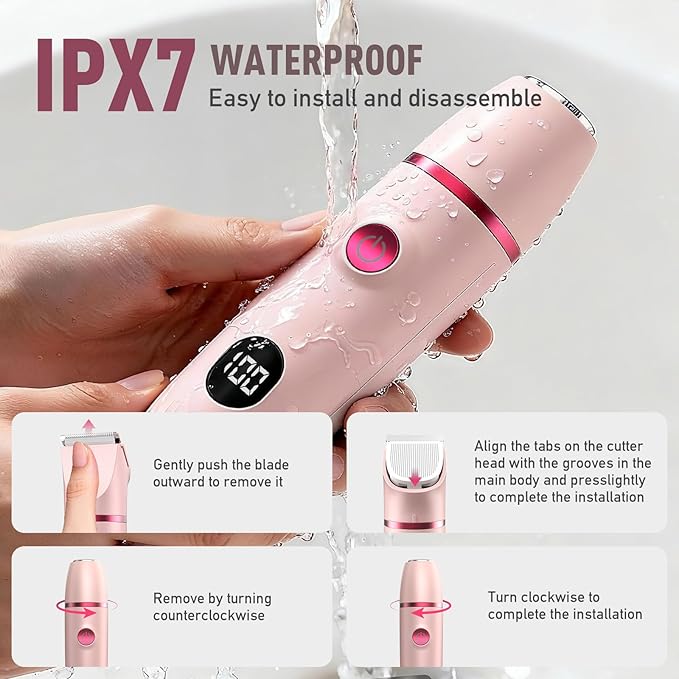 Crolanli Bikini Trimmer for Women, 3-in-1 Electric Razors for Women, IPX7 Waterproof Rechargeable Cordless Pubic Hair Shaver, with LED Display, for Ladies Bikini Pubic, Face, Underarms, Legs(Pink)