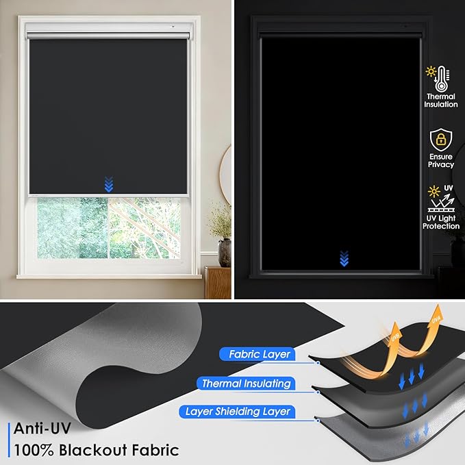 Motorized Roller Blinds with Remote Control & Solar Panel - 100% Blackout Smart Blinds, Automatic, Cordless, Electric Shades - Compatible with Alexa - Grey, 28" W x 72" H