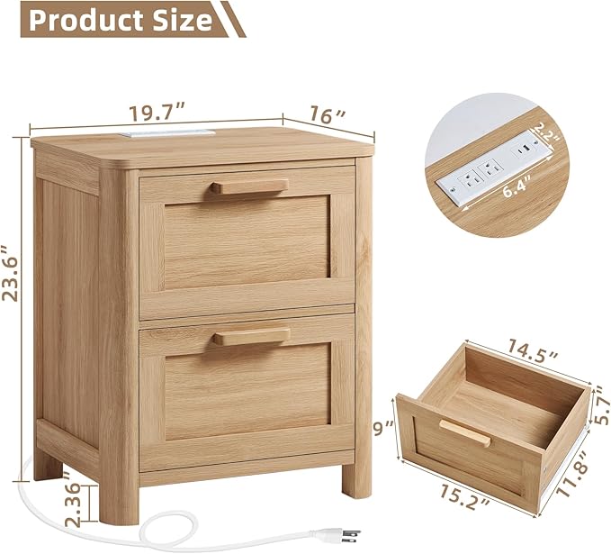 Joaxswe Farmhouse Nightstand with Charging Station, End Tables Bedroom with 2 Large Drawers & 4 Thickened Table Legs, Natural Wood