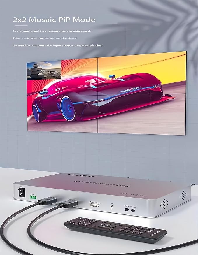 4K 2x2 Video Wall Controller&Multi-Screen Box point-to-point processor HDMI Multi Screen Expander Support PIP 180°mirroring Point-to-Point Optical audio/3.5mm stereo audio outputs 2x1 3x1 1x4 14 Modes
