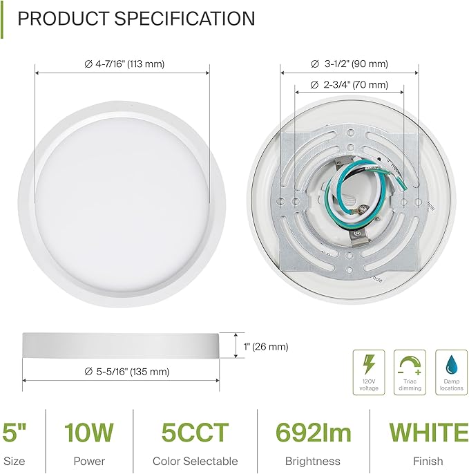 ASD LED 5" Round Flush Mount Ceiling Light Fixture, Low Profile Surface Lighting | 5CCT, Dimmable, Ultra-Thin, ETL Listed | 10W 700LM 2700-6000K 120V | Kitchen, Bedroom, Hallway Lamp | White
