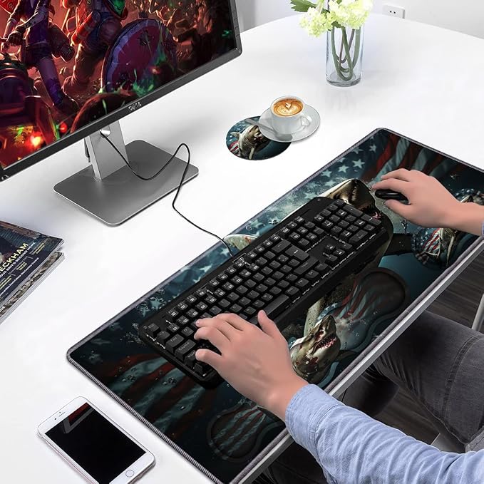 Ergonomic Keyboard Wrist Rest & Mouse Pad Wrist Rest Set, Large XXL Gaming Desk Mat 31.5"x 11.8" with Non-Slip Base, Memory Foam, Easy Typing Pain Relief for Home & Office, American Flag Shark