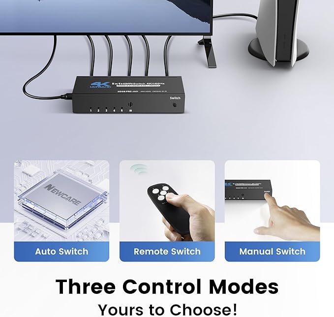 [Upgrade] NEWCARE 4K@60Hz HDMI Switch 5 in 1 Out with Type-C Charging Cable, HDMI Switcher with IR Remote,5 Port HDMI Selector Box Support HDMI 2.0, Compatible with TV PS5/4 Xbox Laptops PC Projector