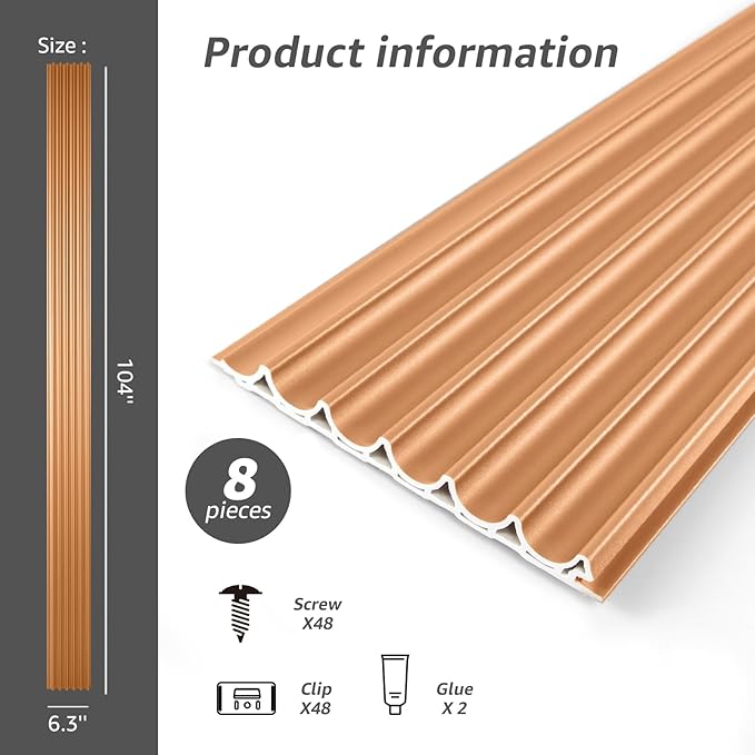 Art3dwallpanels Slat Wall Paneling, 104'' x 6.3'' Glossy Metal Finish WPC Soundproof 3D Wall Panels for Interior Wall Decor, 8 Pack Wavy Grain Panel Wall Slats, Glitter Gold