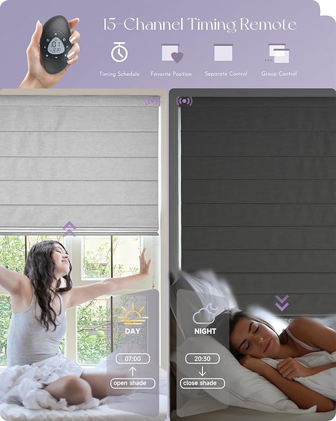 Graywind Smart Roman Shades 100% Blackout Compatible with Alexa Google Rechargeable Motorized Window Blinds Remote Control Room Darkening Plain Fold, Custom Size (Textured Grey)