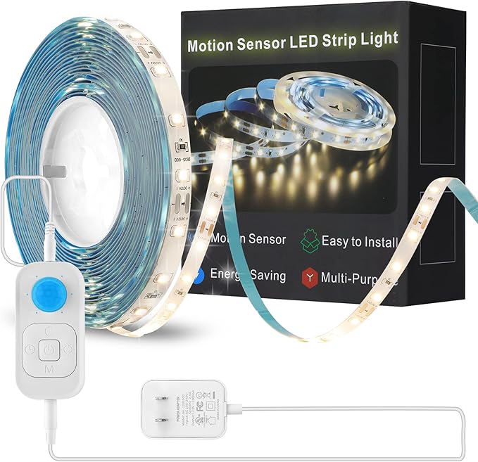 Feuymoent Motion Sensor LED Strip Light - Cabinet Strip Lights with 24W Plug, Dimmer, and Timing, 16.4ft for Under Cabinet, Kitchen, 3000K WarmWhite