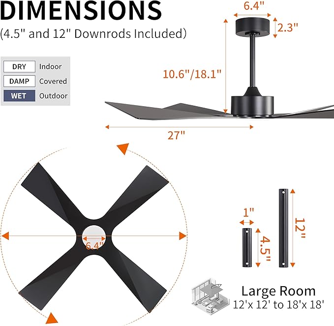 WINGBO 54" Wet Rated Outdoor Ceiling Fan with Lights, 4 ABS Plastic Blades, Reversible DC Motor, 6-Speed Remote Control, 3 CCT, Waterproof Ceiling Fan for Patio Porch Gazebo Garage, Matte Black