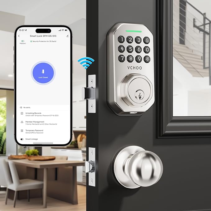 VCHOO Keyless Entry Door Lock Set WiFi Smart App Control Door Lock for Front Door Keypad Deadbolt with 2 Knobs Auto Lock One Time Codes Easy Install, Satin Nickel