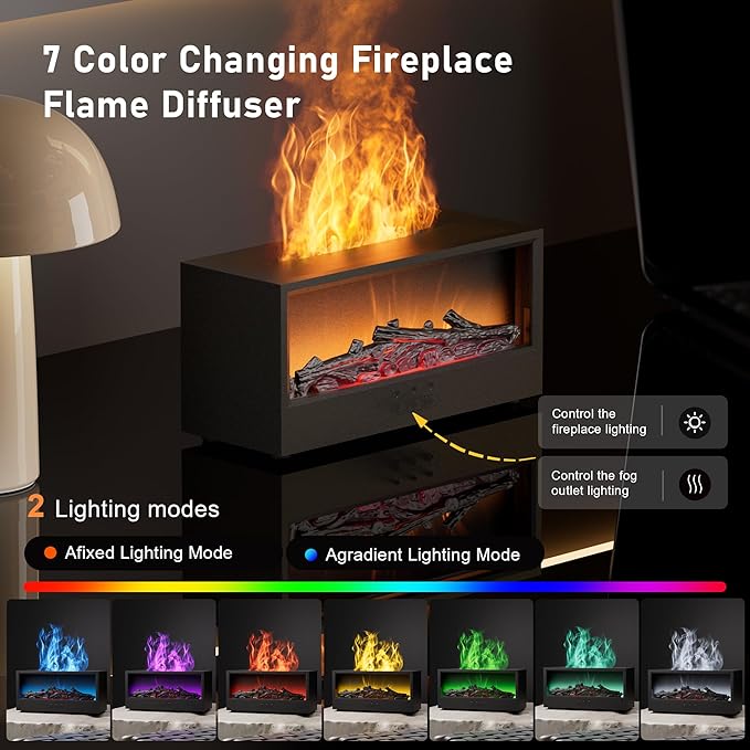 Fireplace Flame Air Diffuser Humidifier,7 Colors Aromatherapy Essential Oil Diffuser, Ultrasonic Aroma Humidifier with Remote Control & Timer for Bedroom, Home, Office, Yoga (Black)