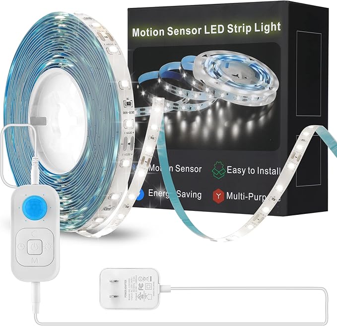 Feuymoent Motion Sensor LED Strip Light - Cabinet Strip Lights with 24W Plug, Dimmer and Timing,16.4ft 6000K ColdWhite