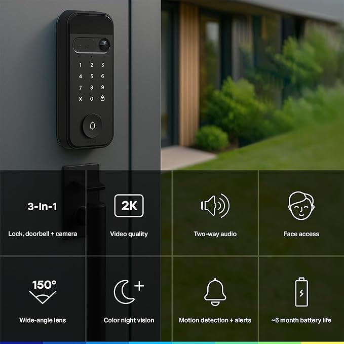 myQ Secure View™ 3-in-1 Smart Lock with 2K HDR Video Doorbell Camera, Face Access, Fingerprint Access, PIN & App Control — Intelligent Entry with Built-in Camera, Color Night Vision & Two-Way Audio