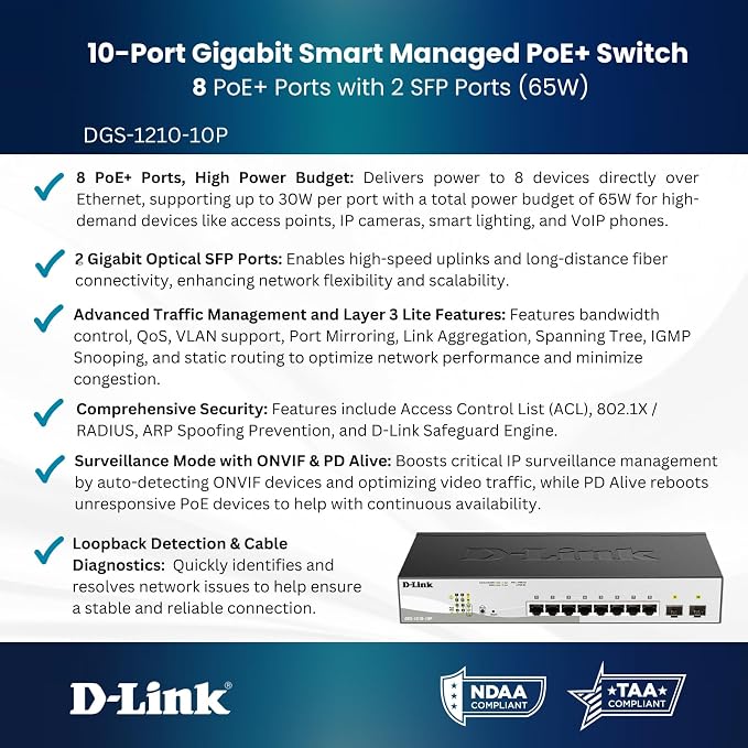 D-Link 10-Port Gigabit Smart Managed PoE+ Switch | 8 PoE+ Ports + 2 SFP Ports | - Image 4