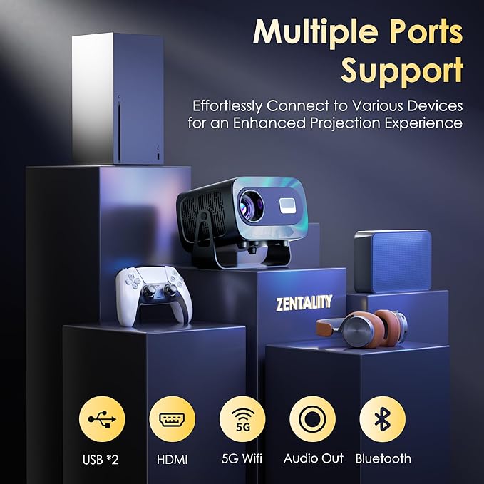 ZENTALITY Projector with WiFi and Bluetooth, Electric Focus & Vertical Keystone, 1080P HD 4K Support, Smart Projector with Built-in Streaming Apps, Portable Projector for Outdoor & Home Movie