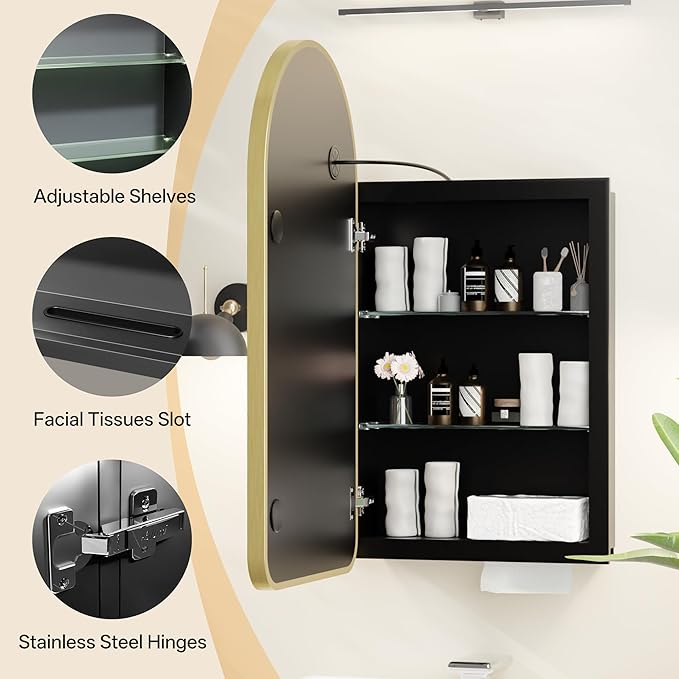 LED Arched Bathroom Medicine Cabinet with Mirror, No Assembly Needed, Recessed or Surface Mount Wall Storage Cabinet, Mirror Cabinet with Tissue Slot (Gold-LED, 29.5" L x 15.7" W)