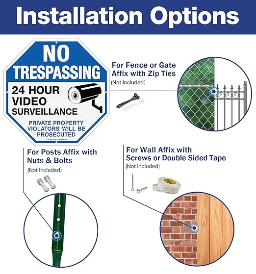 4-Pack No Trespassing Sign Private Property Protected By Video Surveillance Violators Will Be Prosecuted Sign, 12 x 12 Inch Reflective Aluminum, UV Protected, Weather/Fade Resistant, Easy to Install