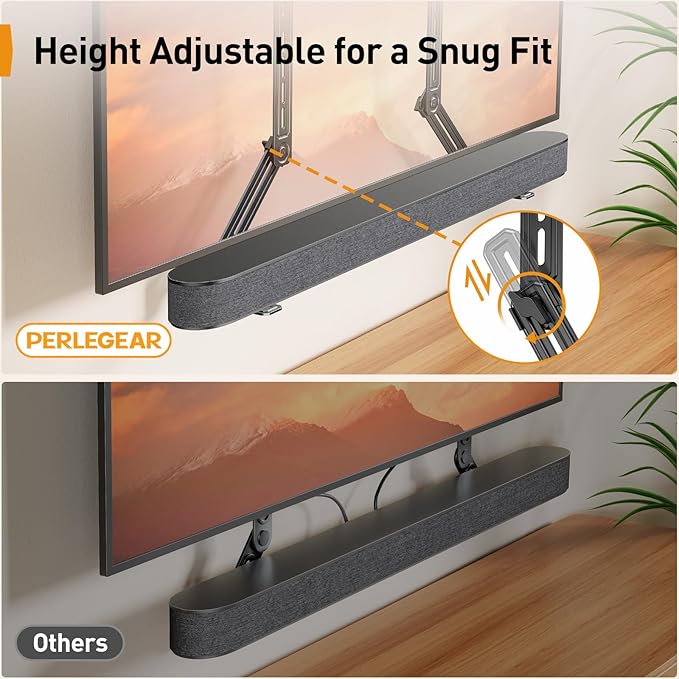 Perlegear Soundbar Mount with Adjustable Height, Sound bar Mount up to 15 lbs, Soundbar Mount Under TV or Above TV, Soundbar tv Mount Bracket with Detachable Long Extension Plates PGSM04B
