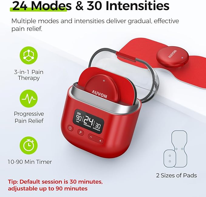 AUVON Wireless 24 Modes TENS Unit Muscle Stimulator for Pain Relief, Smart Rechargeable TENS Machine with Dual Size 6 TENS Pads for Physical Therapy, Pocket-Size TENS Device for Shoulder & Back Pain