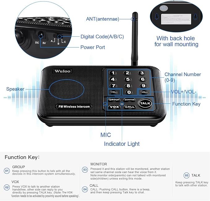 Wuloo Intercoms Wireless for Home 5280 Feet Range 10 Channel 3 Code, Wireless Intercom System for Home House Business Office, Room to Room Intercom, Home Communication System (4 Units Set, Black)