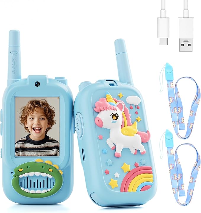 Video Walkie Talkies for Kids – Kids Walkie Talkies 2 Pack with Cute Silicone Cover, Voice Changer, 1000FT Range, Fun Indoor Outdoor Toys – Birthday Gift for Boys and Girls Ages 3-10（Blue+Blue）