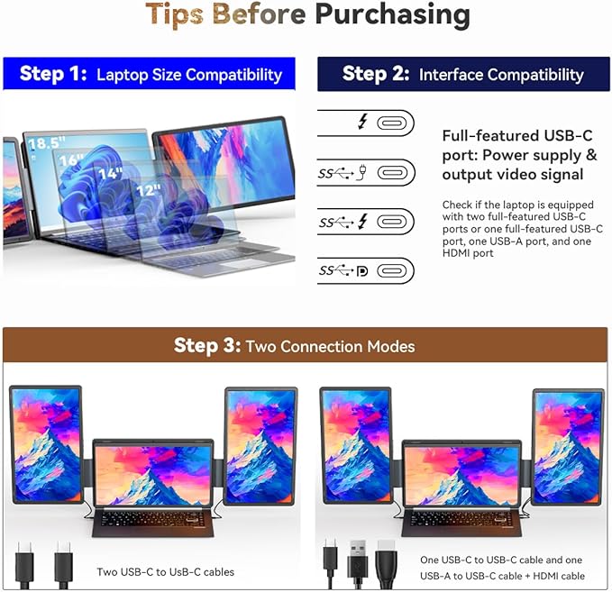 15.6" Detachable Laptop Screen Extender, FHD 1080P IPS Dual/Triple Portable Monitor for Laptop, USB-C/HDMI Plug & Play, Multi/Extra Travel Display Computer Monitor for 12-18.5" Win/Mac/Android-S9H