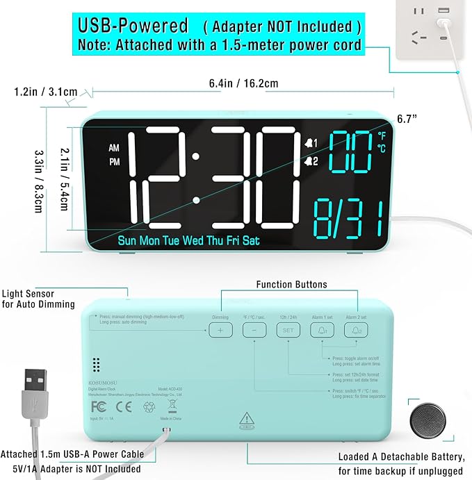 KOSUMOSU Digital Alarm Clock for Bedroom, 6.7in Desk Clock LED, Auto Dimming, Room Temperature, Day of The Week, Date, Seconds, Clocks for Living Room, Alarm Clocks for Bedrooms