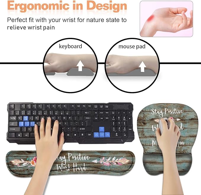 Mouse Pad Wrist Support and Keyboard Wrist Rest Set with Coasters, Inspirational Quote Stay Positive Work Hard and Make It Happen Non-Slip PU Base Ergonomic Mousepad for Home Office Working Studying