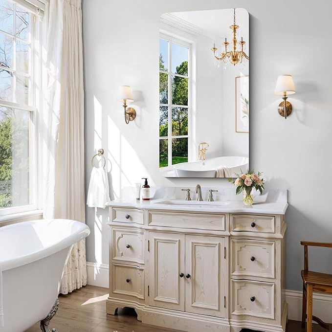 CILIBER Frameless Wall Mirror, 24" x 48" Bathroom Mirror Rounded Corner, HD Shatterproof Vanity Mirror with Polished Edge for Over Sink, Bedroom, Entryway, Vertical or Horizontal
