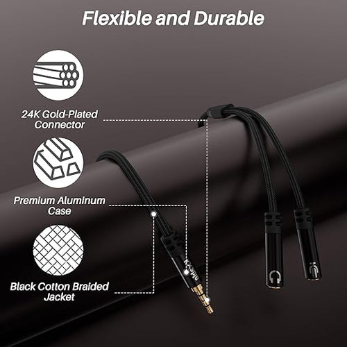 1/8inch Aux Headphone Splitter 2 Way Cable 2FT, 3.5mm 1 Male to 2 Female Mic and Audio Y TRRS Adapter, Compatible with Headset Earphone Switch 2/PS4/PS5 Steam Deck Xbox PC Laptop Phone Tablet Gaming