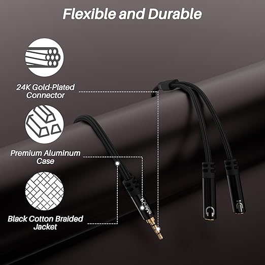 1/8inch Aux Headphone Splitter 2 Way Cable 1FT, 3.5mm 1 Male to 2 Female Mic and Audio Y TRRS Adapter, Compatible with Headset Earphone Switch 2/PS4/PS5 Steam Deck Xbox PC Laptop Phone Tablet Gaming