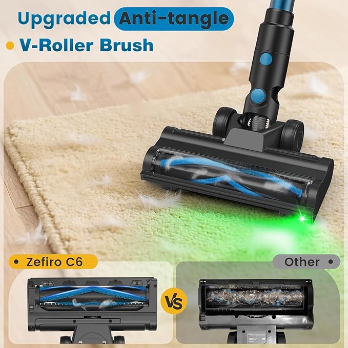 Zefiro 350W Cordless Vacuum Cleaner,45Mins Runtime Vacuum Cleaners for Home, Anti-Tangle and 1.5L Dust Cup, Lightweight Vacuum for Hardwood Floor Carpet Pet Hair (Blue)