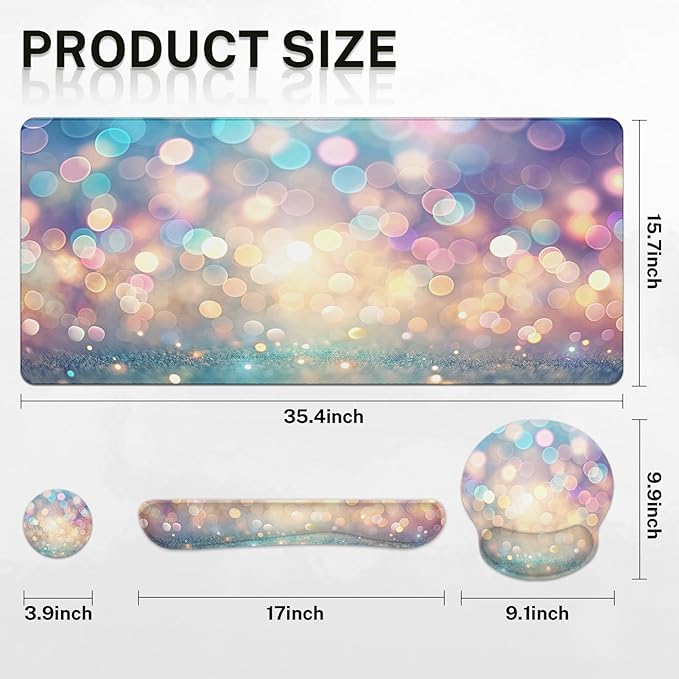 Britimes Abstract Pink and Blue Glitter Keyboard Mouse Pad Set 4in1 Large Mousepad+Keyboard Wrist Rest+Mouse Wrist Rest+Coaster Set with Ergonomic Design for Home Office Computer 35.4x15.7 inches