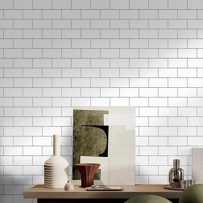 Vamos Tile Peel and Stick Backsplash Tile, 3''x6'' PVC Subway Tile, Stick on Backsplash for Kitchen/Bathroom/Fireplace,4-Piece Glossy Pure White with Dark Gray Grout