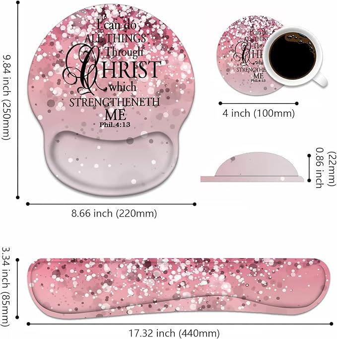 Keyboard Wrist Rest + Mouse Pad Wrist Support Set with Coasters, Non-Slip PU Base Ergonomic Mousepad for Home Office Working Studying Easy Typing & Pain Relief, Pink Background Bible Verse Phil 4-13