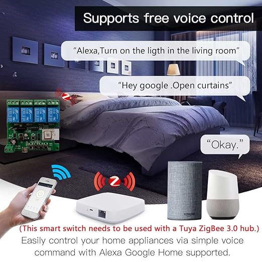 Newgoal Zigbee Tuya Smart 4 Channel Smart Relay Module with 433RF Remote Control USB 5V 7-32V Jog/Lock Switch Compatible with Alexa Google Home (Requires ZigBee Hub)