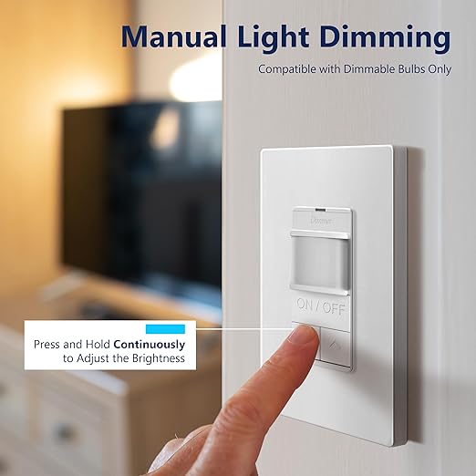 LIDER Motion Sensor Dimmer Switch for Dimmable 200W LED/CFL Lights, 3-Way, 120 V, Modern Upgrade, No Neutral Required, No Ground Required, UL Listed, Wall Plate Included, White, New Version