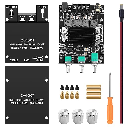 ZK 1002T Bluetooth 5.0 Amplifier Board, 2x100 Watt amp with TPA3116D2 Chip, Stereo Amplifier 2.0 Channel with Treble and Bass Control BT and AUX Inputs for DIY Speaker Kit