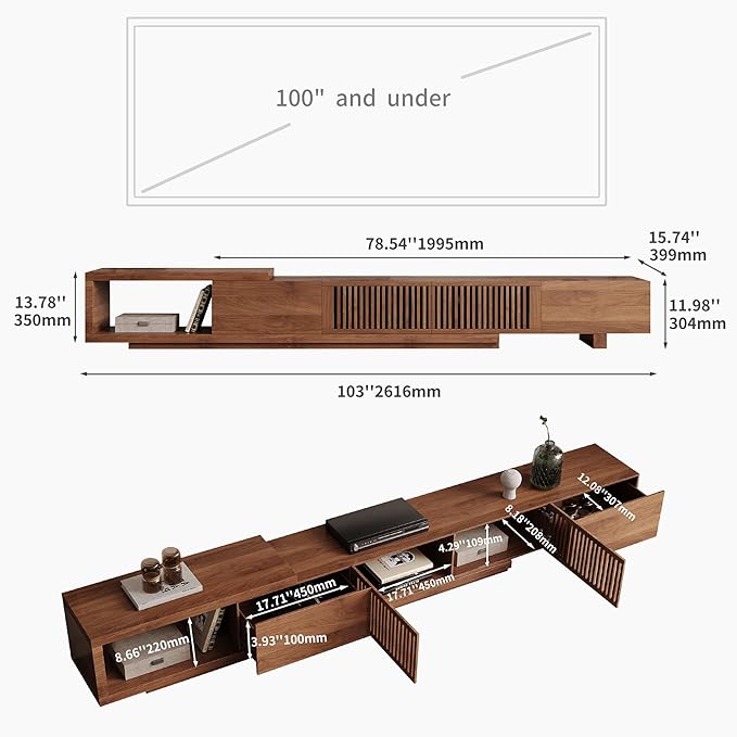 NessCarsti Mid-Century Modern TV Stand & Expandable Coffee Table Set, Walnut Finish, Stylish Storage Combo for Living Room or Bedroom (78.54“ to 103" TV Stand+Coffee Table)