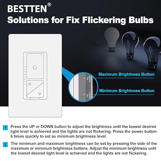BESTTEN Super Slim Digital Led Dimmer Switch with Air Gap Power Cut Off Switch, 3 Button Control, Single Pole or 3 Way Dimmable Dimmer, Screwless Wallplate Included, ETL Listed, White