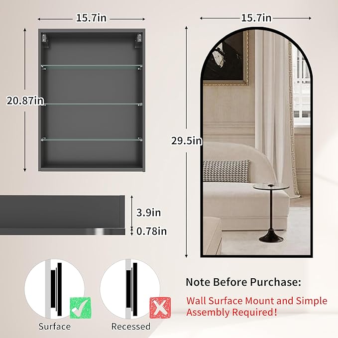 Arched Medicine Cabinet with Mirror,Vanity Mirror with Storage,Wall Mounted Medicine Cabinet with Adjustable Shelves, Reversible Door & HD Mirror,15.7x29.5 inch,Not Recessed,Black